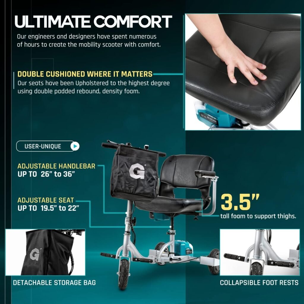 G 3 Wheel Folding Mobility Scooter Plus - Electric Powered, Airline Friendly - Long Range Travel w/ 2 Detachable 48V Lithium-ion Batteries and Charger Max Load of 330lbs