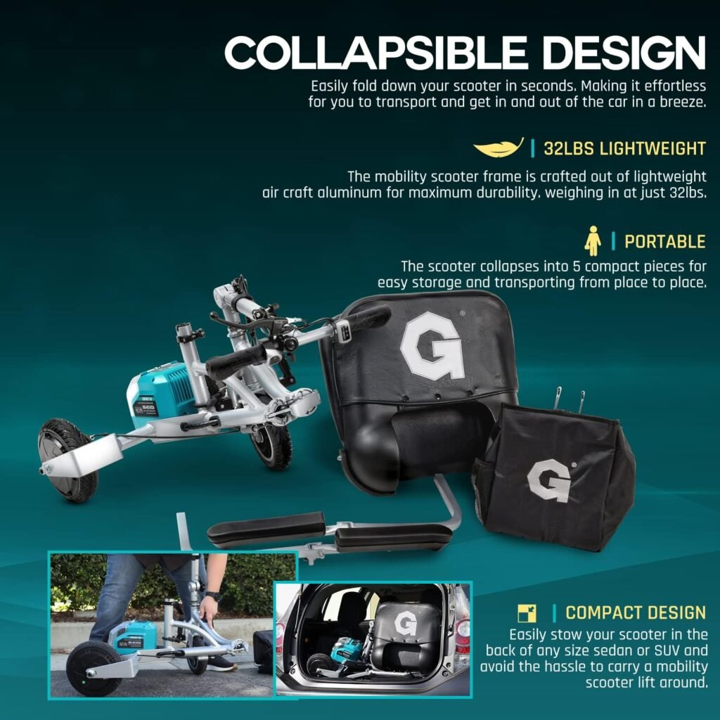 G 3 Wheel Folding Mobility Scooter Plus - Electric Powered, Airline Friendly - Long Range Travel w/ 2 Detachable 48V Lithium-ion Batteries and Charger Max Load of 330lbs