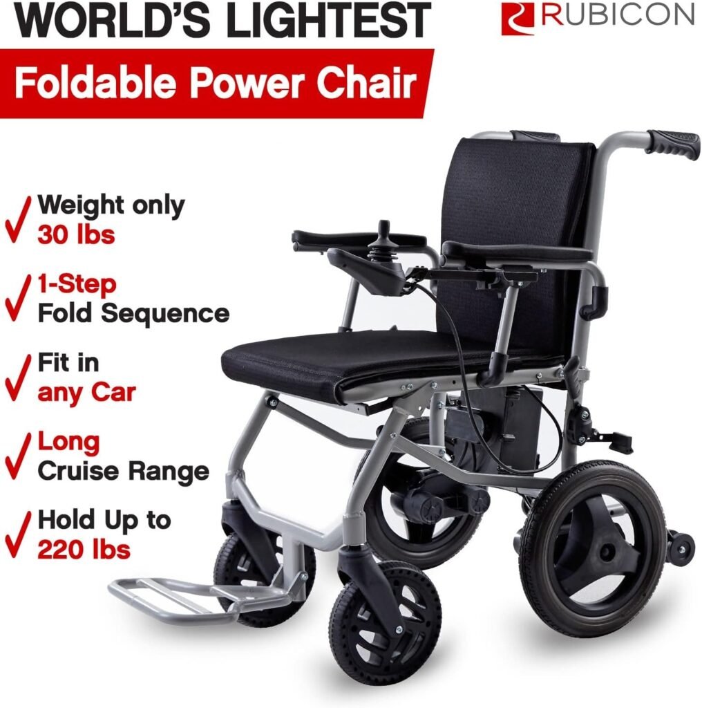 Rubicon DX04-NEW- Worlds Lightest (only 30lbs) Foldable Electric Wheelchair - Travel Size - Airline Approved - User Friendly - 10 mi Cruise Range (Model1)