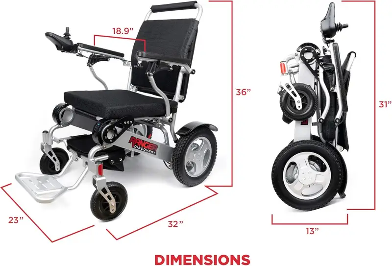 Porto Mobility 2024 Ranger Discovery Lightweight Foldable Weatherproof Exclusive Electric Wheelchair, Portable, Brushless Powerful Motors, Dual Battery, All Terrain (Silver, Standard)