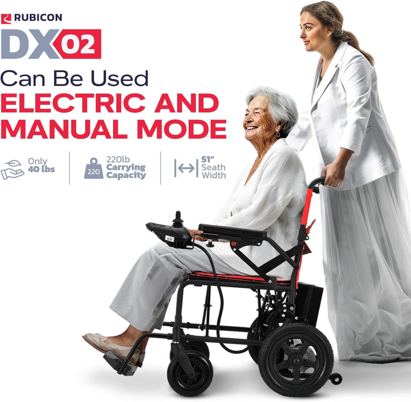 Rubicon DX02- Lightweight (Only 40lbs) Foldable Electric Wheelchair for Seniors - 12 mi Long Cruise Range with 500W Powerful Motor - Airline Approved with Detachable Battery (Model2)